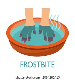 Soaking hands in bowl filled with warm water in flat design. Warming hands for relief pain and burning skin vector illustration on white background. Finger frostbite treatment.