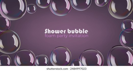 Soap 3d bubble vector background of spheres and circle. Glass foam float on purple. Rainbow gradient balls flare, foam air blown. White reflections. Realistic shampoo, purified clean and clear water