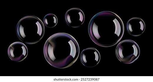 Fondo de Vector de burbujas 3d de esferas y círculos. Flotador de espuma de vidrio sobre negro. Bolas de gradiente de arco iris destellan, espuma soplada por aire. Reflejos blancos. Champú realista, agua limpia y limpia purificada