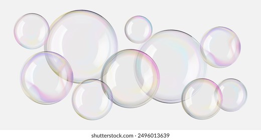 Jabón 3d Vector de burbujas conjunto de esfera y círculo. Flotador de espuma de vidrio sobre negro. Llamarada de bola de gradiente de arco iris, aire de caída líquida soplado. Refleja las luces blancas. Champú realista, agua limpia y limpia purificada