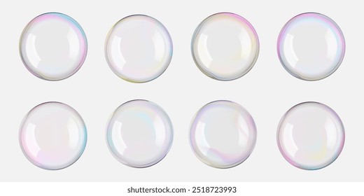 Vetor de bolha 3d de sabão conjunto de esfera e círculo. Espuma de vidro flutuar em branco. Arco-íris gradiente bola flare, líquido gota ar soprado. Reflitam as luzes brancas. Xampu realista, água limpa e limpa purificada