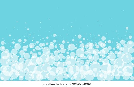 Soap abstract frame, foam bubble border, suds pattern. Transparent effervescent air bubbles stream on blue background. Cartoon soda pop. Fizzy drinks. Carbonated vector illustration