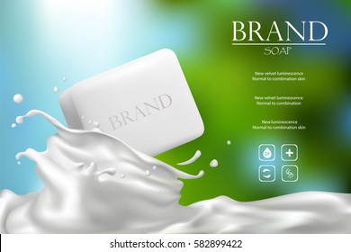 Soap advertisement design. Vector wash soap background. Laundry detergent package design banner