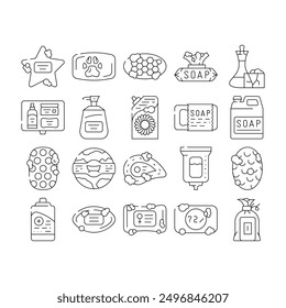 soap bar bath body care beauty icons set vector. bathroom hygiene, natural spa, organic shower, foam product, wash cosmetic, handmade soap bar bath body care beauty black contour illustrations