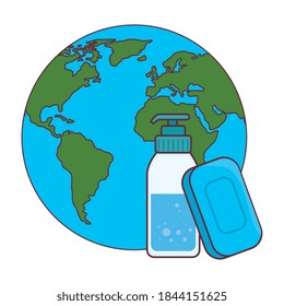 soap bar and bottle in front of world design, Disinfects clean antibacterial and hygiene theme Vector illustration