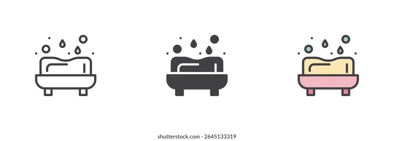 Soap bar with bubbles icon in line, solid, and filled outline styles. Hygiene, handwashing and cleanliness vector sign. Personal care clean icon set.