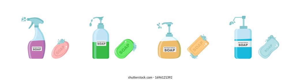 Soap bar with bubbles.Soap, Antiseptic Gel and other Hygienic Products.Trendy cartoon style bath and healthcare set.Bathroom accessories.Hygiene Icons Set.Antibacterial concept.Vector illustration.