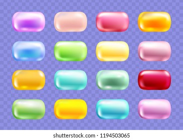 Soap bar collection in bright multicoloured tints isolated on transparent background. Top view mockup. Vector illustration.