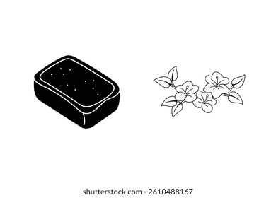 Soap Bar And Flowering Plant Line Art Illustration On White Background