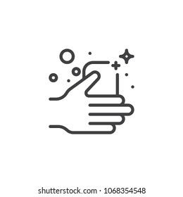 Soap bar in a hand outline icon. linear style sign for mobile concept and web design. Wash hands simple line vector icon. Symbol, logo illustration. Pixel perfect vector graphics