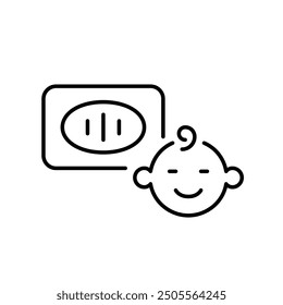 Soap bar and happy infant face. Tear-free baby bathing. Gentle and protective. Pixel perfect vector icon