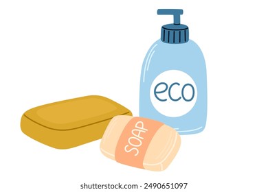 Soap bar for laundry, household. Eco organic washing and cleaning products. Natural solid cleaners, sustainable cleanser, hygiene supplies. Flat vector illustration isolated on white background