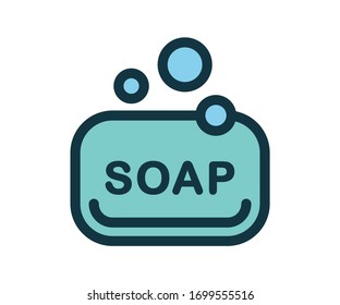 Soap bar line icon with bubbles. Line, outline icon. Personal hygiene symbol. Protection from virus. Vector illustration
