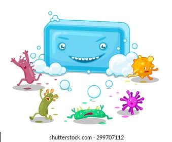 Soap bar makes the bacteria run away. Illustration for sanitary placard.