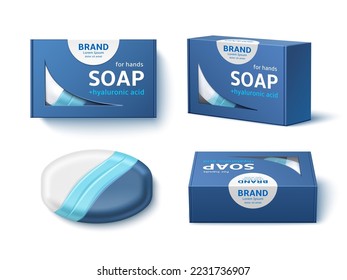 Soap bar package design. Realistic cardboard box mockup, branded paper wrap, natural bath cosmetic, skin body washing, 3d elements different angles. Glycerin product utter vector concept