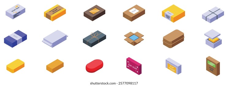  Soap bar package icons set. Soap bars in various forms, showcasing diverse packaging options, colors, and materials for hygiene and cleanliness