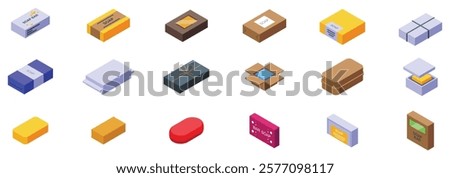  Soap bar package icons set. Soap bars in various forms, showcasing diverse packaging options, colors, and materials for hygiene and cleanliness