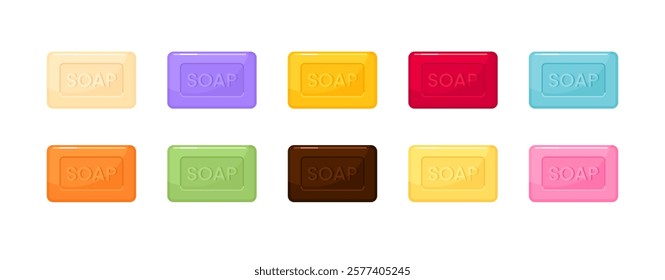 Soap bar pieces for bath, shower and spa. Luxury body and hand solid organic soap with tea, lotus, herbs, chocolate, olive, coffee, mineral and pine, vector cartoon set isolated on white background