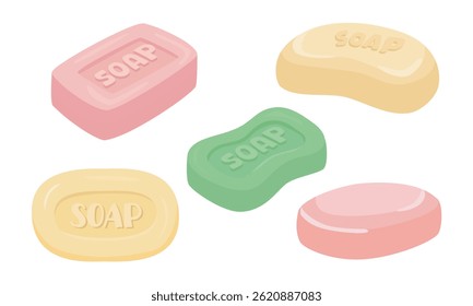 Soap bar vector illustration in flat design. Soap clipart set in cartoon style. Cleaning tool clipart in cartoon style. Cleaning supplies flat vector isolated on white background. Hygiene concept