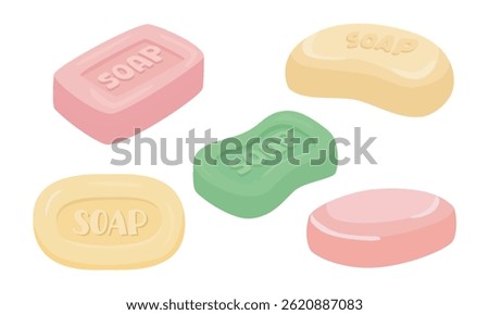 Soap bar vector illustration in flat design. Soap clipart set in cartoon style. Cleaning tool clipart in cartoon style. Cleaning supplies flat vector isolated on white background. Hygiene concept
