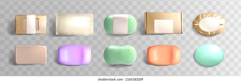 Soap bars mock up set wrapped in foil or craft paper packaging top view isolated on transparent background. Hygiene product different colors and shapes for cleanser skin care or washing hands