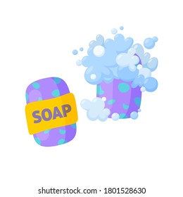 Soap bars, one unused and one with bubbles and foam. Homemade organic soap. Isolated vector illustration in cartoon style