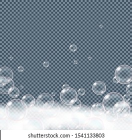 Soap, bath, shampoo foam bubbles isolated on transparent background. Realistic looking vector illustration.
