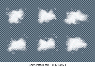 Soap, bath, shampoo foam bubbles isolated on transparent background. Realistic looking vector illustration.