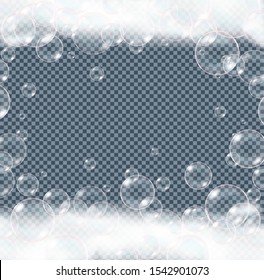 Soap, bath, shampoo foam bubbles isolated on transparent background. Realistic looking vector illustration.