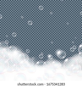 Soap, bath, shampoo foam bubbles with sparling isolated on transparent background. Realistic looking vector illustration.