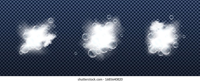 Bichos de espuma de jabón aislados en un fondo transparente. Ilustración vectorial de aspecto realista.