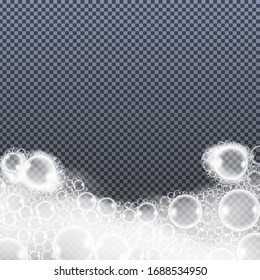 Soap, bath, shampoo foam bubbles isolated on transparent background. Realistic looking vector illustration.