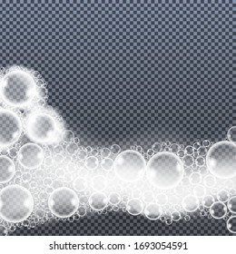 Soap, bath, shampoo foam bubbles isolated on transparent background. Realistic looking vector illustration.