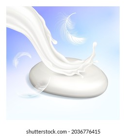 Soap Bathroom Creative Promotional Poster Vector. Soap Bar, Foamy Splash And Bird Feather On Advertising Banner. Skin Moisturizing Sanitary Cosmetic Style Concept Template Illustration