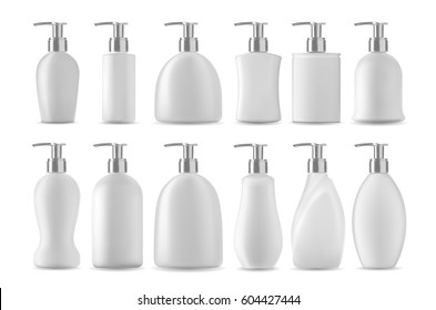 Soap botles set on white background. White isolated bottles of cosmetic liquids with pmp. 3D illustration.