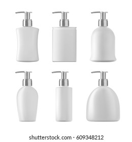 Soap botles set on white background. White isolated bottles of cosmetic liquids with pmp. 3D illustration.