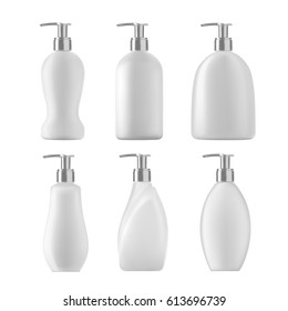 Soap botles set on white background. White isolated bottles of cosmetic liquids with pmp. 3D illustration.