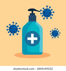 soap bottle and covid 19 virus design, Disinfects clean antibacterial and hygiene theme Vector illustration
