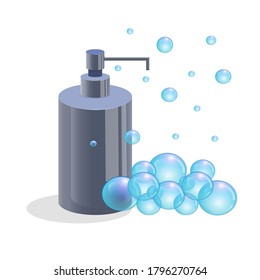 Una botella de jabón con dispensador y burbujas de jabón está aislada en un fondo blanco. Ilustración hecha al estilo de las caricaturas. Jabón para limpiar las manos durante la pandemia del coronavirus y contra las bacterias.