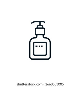 Soap bottle, gel, cleaning, antiseptic outline icons. Vector illustration. Editable stroke. Isolated icon suitable for web, infographics, interface and apps.