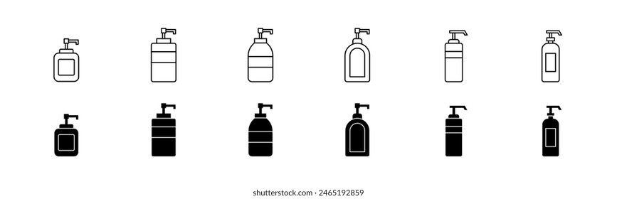 Das Symbol für die Seifenflasche ist gesetzt. Handdesinfektionsspender. Seifenflasche für Linie und Glyphe