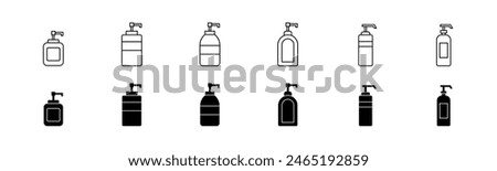 Soap bottle icon set. Hand sanitizer dispenser. Line and glyph soap bottle