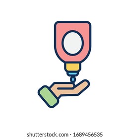 soap bottle and opened hand icon over white background, line fill style, disinfection and cleaning elements, vector illustration