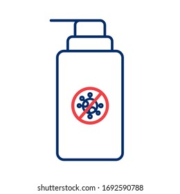 soap bottle with push cap covid 19 particle line style icon vector illustration design