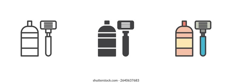 Soap bottle and shaving razor different style icon pack. Includes line, solid and filled outline colorful version. Vector symbol, bathroom grooming icon set.