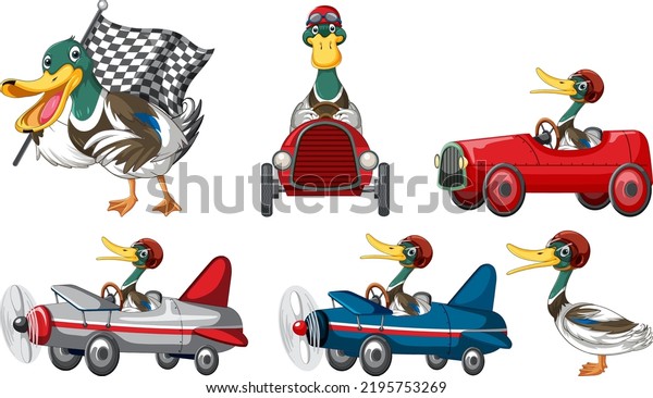 Soap box derby race with duck cartoon
character illustration