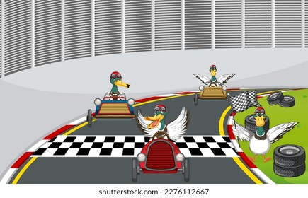 Carrera de caja de jabón derby raza con patos caricatura ilustración