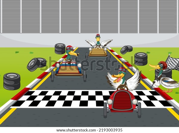 Soap box derby race with ducks cartoon\
character illustration