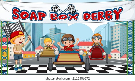 Soap box derby scene with children racing car illustration