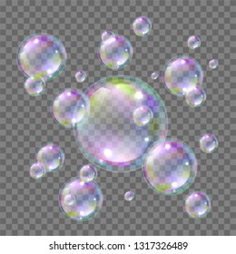 Soap bright flying colorful bubbles realistic style. Soapy water ball floating in air when washing and cleaning. Vector illustration